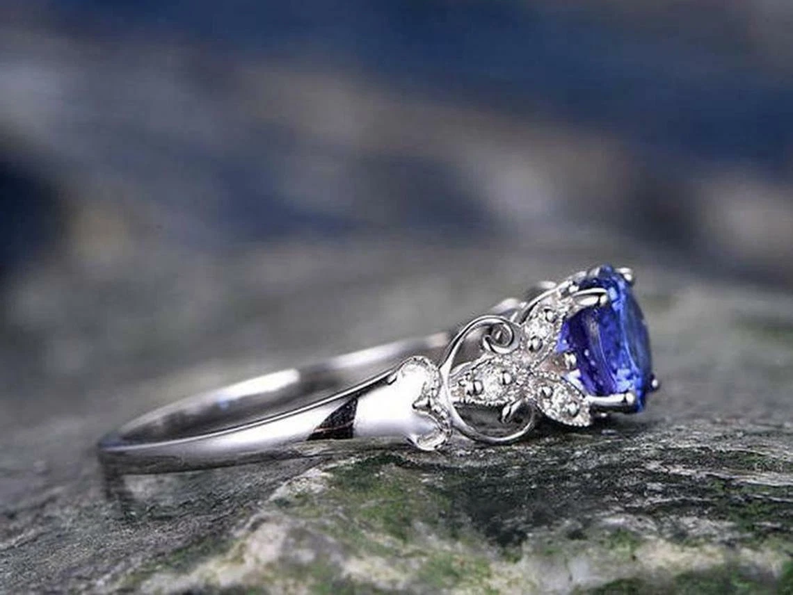 Natural Blue Tanzanite Engagement Ring 14k White Gold Vermeil