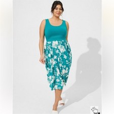 Torrid Midi Foxy Challis Twist Back Dress Teal Floral 2X Boho Beach Vacation