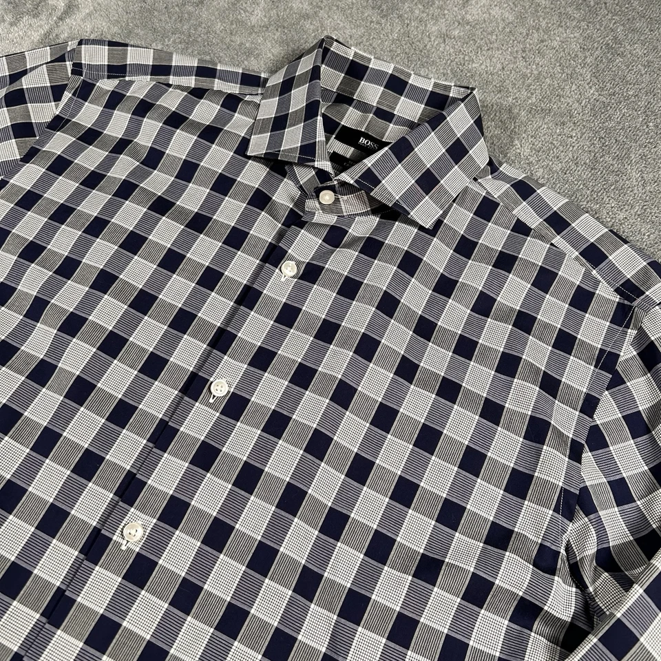 Hugo Boss Shirt Button Down Slim Fit Blue Navy Gray Plaid Cotton 44 16 L Men’s - Image 2 of 4