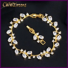 CWWZircons Elegant Leaf Branch Yellow Gold Color Sparkling Cubic Zircon Bracelet