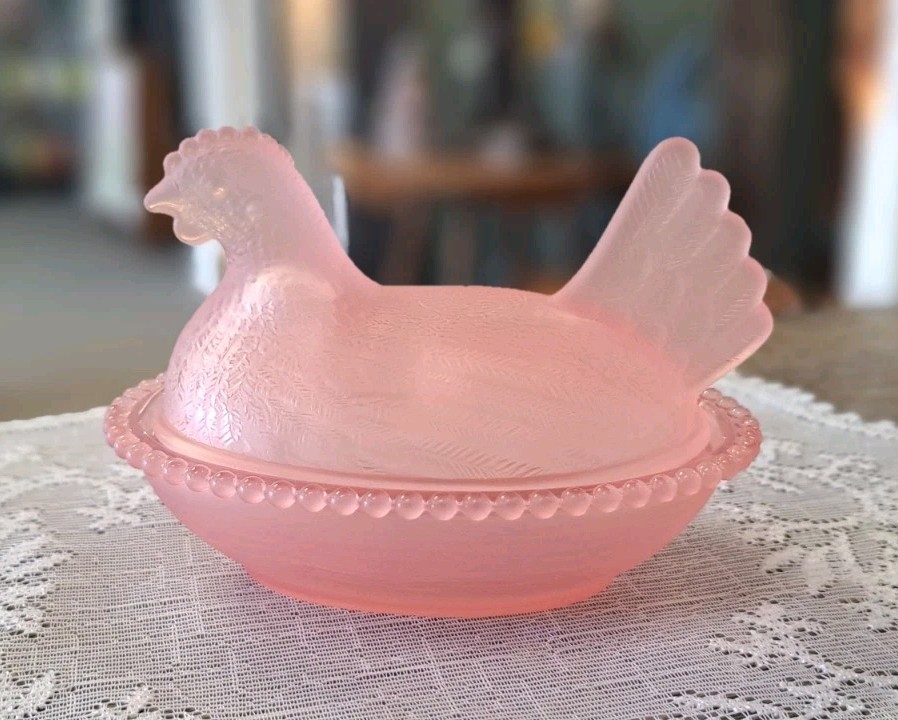 Satin Pink Hen On Nest By Rose's Closet, W/ Box & Sticker, Real