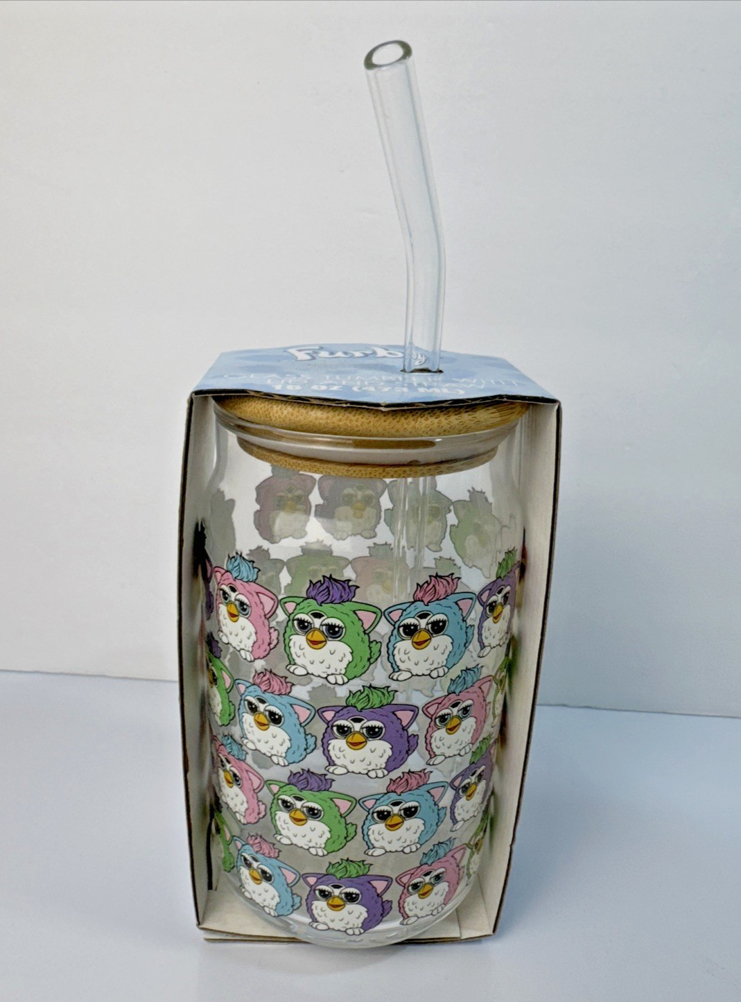 Furby Glass Tumbler with Bamboo Lid & Glass Straw 16 oz Brand New Factory Sealed