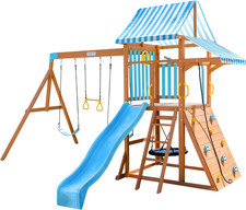 Backyard Wooden Swing Set with Slide, Rock Wall  Trapeze for Kids 3-10