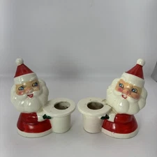 Holt Howard Santa Candle Holders Blue Eyes Japan Vtg Christmas - Repaired