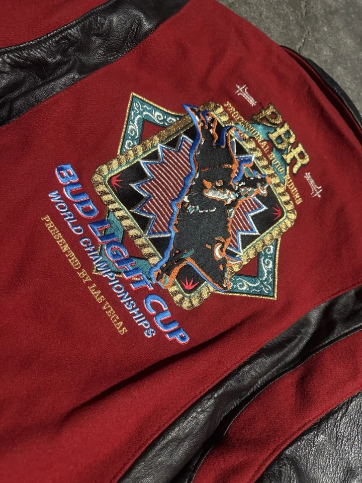 Chaqueta Bomber Vintage Bud Light Cup PBR Bull Cuero Hombre’s Grande Western Foto 2 de 4