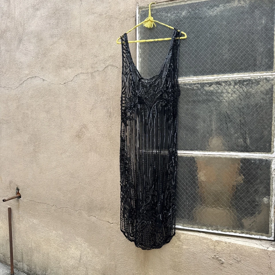 Antique 1920s Black Iridescent Sequin Net Dress Open Sides Illusion Vintage - Image 2 of 4