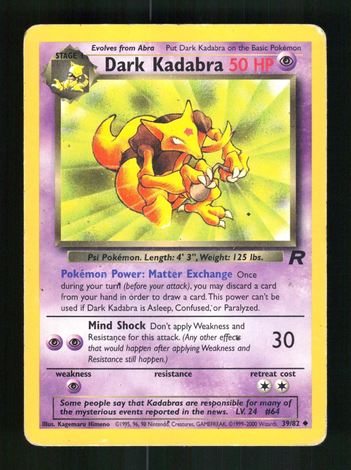 Dark Kadabra 39/82 Unlimited Uncommon Team Rocket Pokemon 2000 HP Himeno