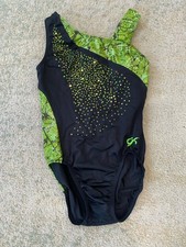 GK Elite Size AS Sequins Asymmetrical Leotard Black Fluorescent Lime Green