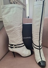 CHANEL WHITE LEATHER KNEE HIGH BOOTS SIZE 5