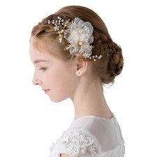 Flower Girl Hair Accessory Pearls White Floral Cute Elegant Hair Pin for Brid...