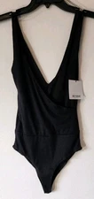 Zara Trafaluc Women Black Poly Blend Deep  V-Neck Bodysuit/Top Size Small