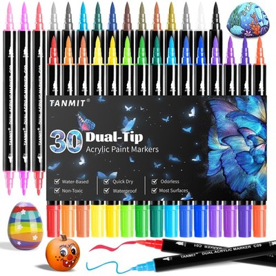 30 Colors Acrylic Paint Pens, Dual Tip Acrylic Paint Markers with Brush Tip a...