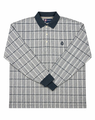 Chaps Ralph Lauren Langarm Polo S grau/blau kariert Logo Knopf Golf