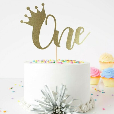 One With A Crown Cake Topper for First Birthday Double Sided Gold Glitter