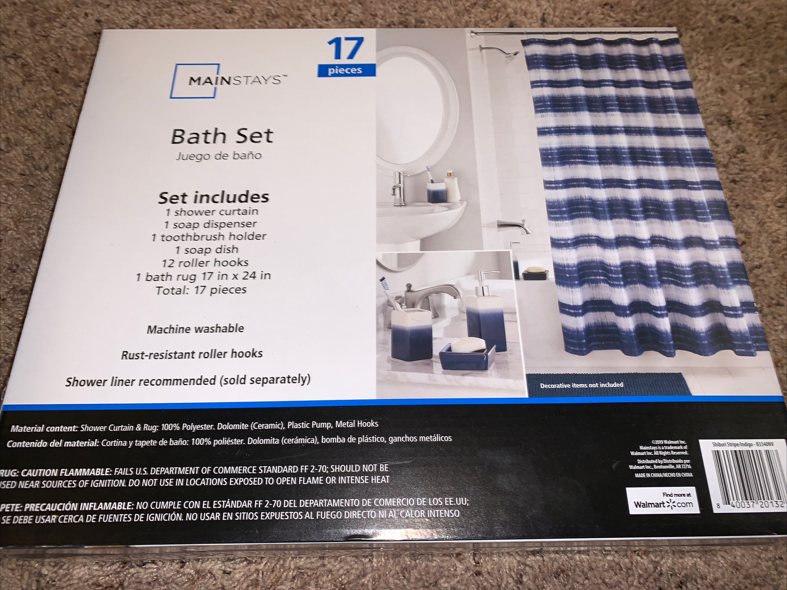 Mainstays 17piece Bathroom Accessory Set Blue Print Indigo SHIBORI