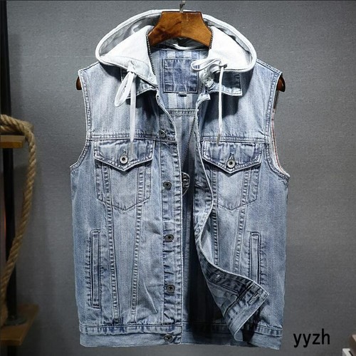 Fashion Mens Denim Hooded Sleeveless 
