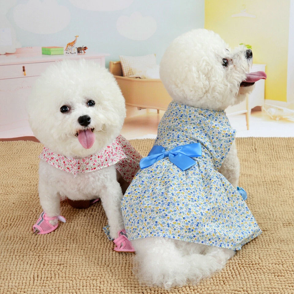 Lovely Floral Print Dog Dress Puppy Cat Summer Cotton Bow Skirt Clothes XS-L - Image 3 of 4