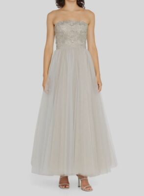 $4995 Reem Acra Womens Gray Strapless Geometric Bead Embellished Gown Dress Sz 4
