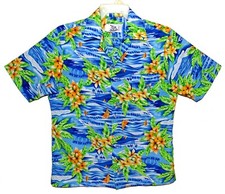 Vin Sz L 60's-70's Hilo Hattie's Hawaiian Aloha Shirt Tropical Flowers Blue Poly