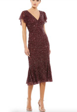 MAC DUGGAL A10801 SEQUINED V-NECK FLUTTER CAP SLEEVE MIDI GARNET DRESS   sz 6