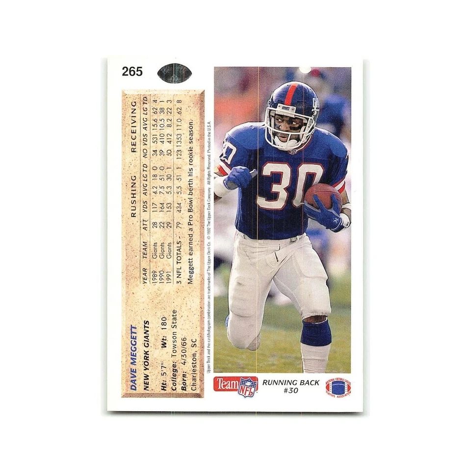 Dave Meggett 1992 Upper Deck #265 New York Giants Football Card NM - Image 2 of 3