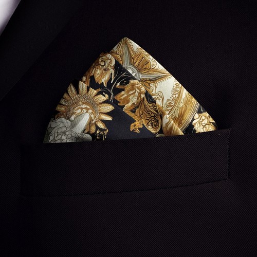 4+ Looks in One! Genuine Silk Black Gold Rococo Dove Compass Pocket Square - Picture 5 of 5