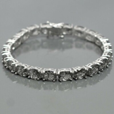 19.90 Ct Oval Cut Natural Black Rutile  Women tennis Bracelet Sterling silver