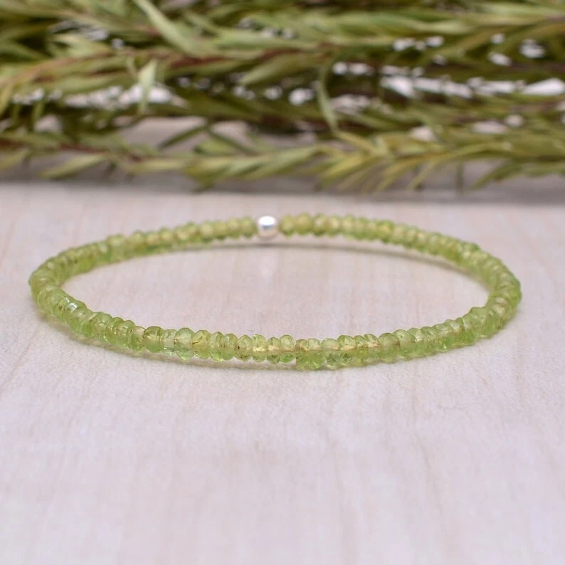 Natural Green Peridot 3-4MM Faceted Gemstone Beaded 6-8" Stretchable Bracelet - Image 4 of 4