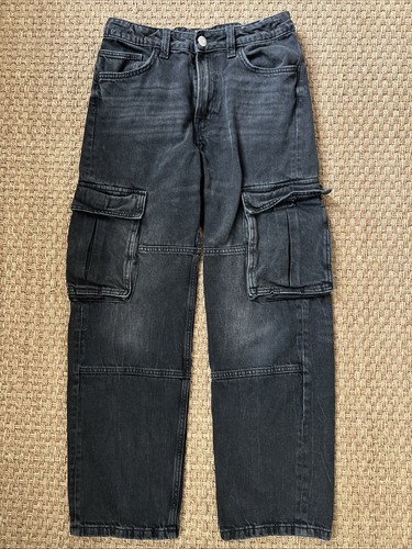 H&M black cargo jeans loose fit Size 13-14 years 164cms (Adjustable waist)