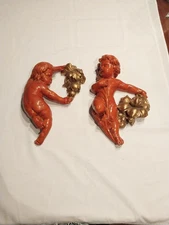 Jaru Pair Of Putti (Putto) Children Holding Gilt Flowers Wall Hangings, Rare  