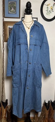 Vintage 90s 80s Denim Brittania Trench Coat Duster Women s L Blue Pockets Button