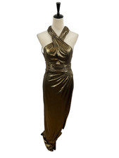 Ieena for MacDuggal Dress 2 Gold Lame Black High Slit Sleeveless Cross-Over