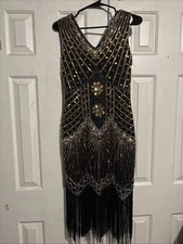 Babeyond 1920s fringed flapper Sequin Sleeveless Dress, Black And Gold Small