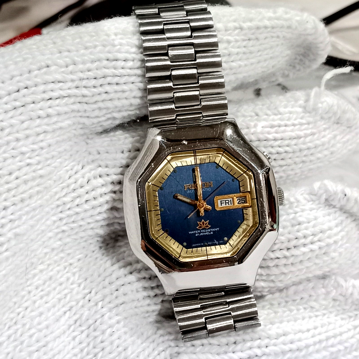 Vintage Ricoh Automatic 21 Jewels Men's Watch Blue Dial Day Date