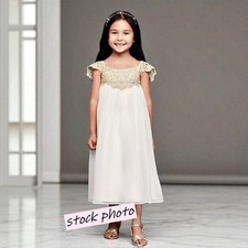 Davids Bridal Flower Girl Dress Size 2T Soft White Chiffon and Metallic Crochet