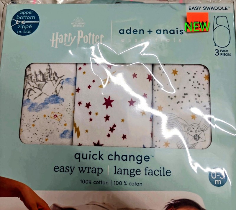 aden + anais essentials Easy Swaddle Zip 100% Cotton 0-3M Harry Potter 3pk