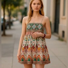 ZARA Geometric Print Straight Neck Strappy Embroidered Short Dress Size Small