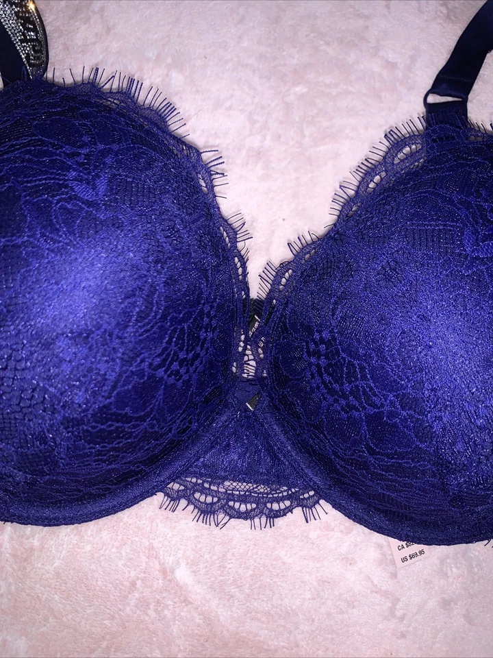 Sujetador Victoria's Secret Bombshell Añadir 2 Copas Correas Estrás (Azul Marino, 38DD Foto 4 de 4