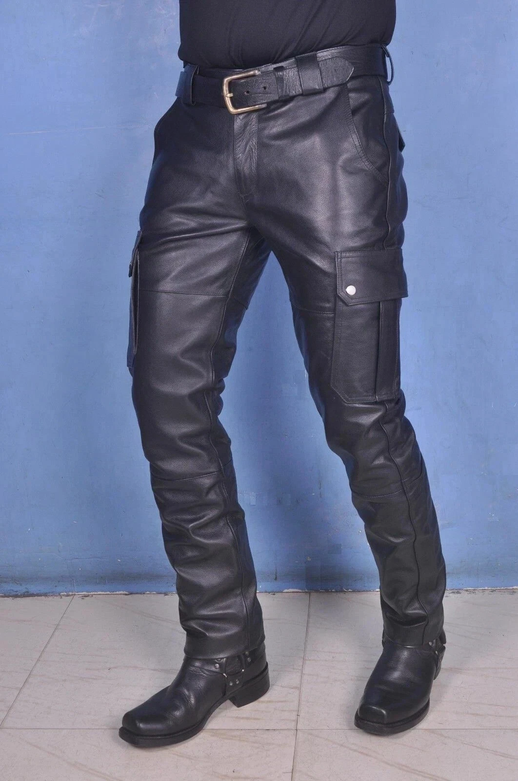 BASIC New Men's Black Leather Cargo Pant 100% Real Lambskin Causal Slim Fit Pant