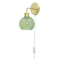 Modern Bedside Plug in Wall Light Reading Lamp with Green Ribbed Glass Shade