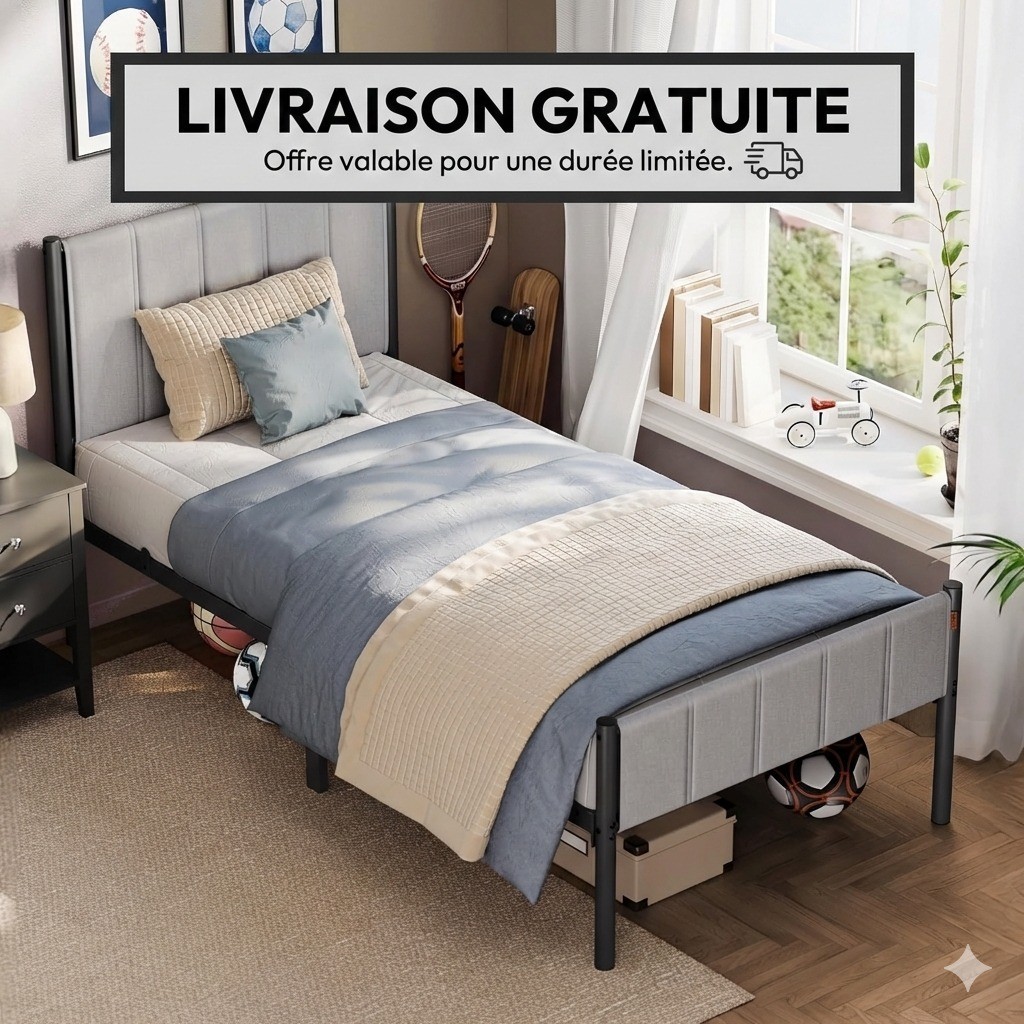 Lit gain de place 90x190 cm anti-grincement avec tête de lit rembourrée et cadre acier