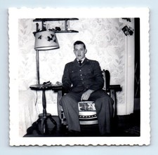 Old Vintage Square Photo SOLO HANDSOME ARMY MAN SOLDIER SITTING IN LIVING ROOM