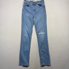 Levi's Premium 724 High Rise Straight Jeans 27 X 32 Blue Light Stretch Distress