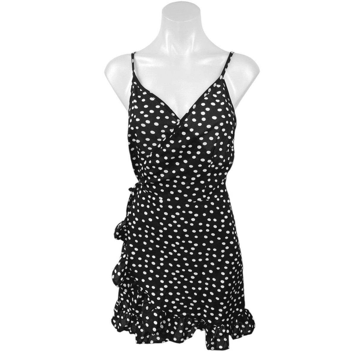 Princess Polly Black White Polka Dots Ruffle Sleeveless Mini Wrap