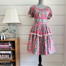 Vintage Floral Print Puff Sleeve Dress Square Dance Dress XS/S