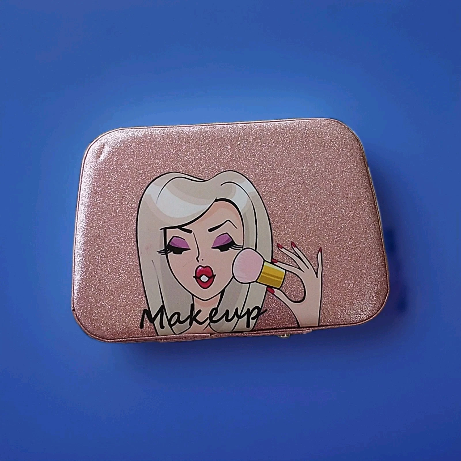 Pink Glittery Cosmetic Organizer Case With A Cartoon Graphic Of A Blonde...