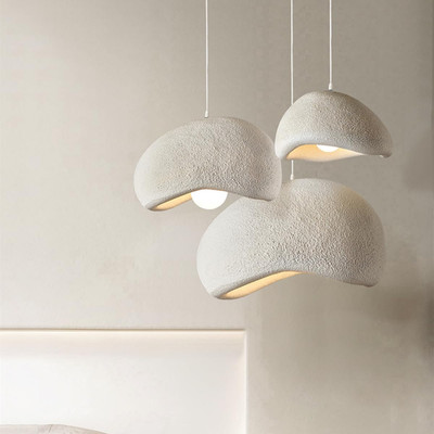 Large Scandinavian Pendant Light - Beige White Concrete Dome Chandelier