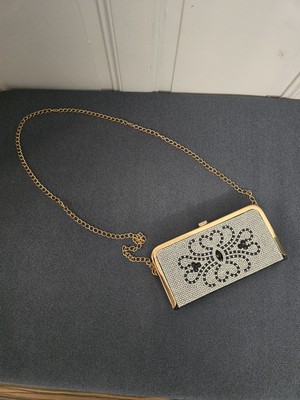 Abendtasche Zeremonie aus vergoldetem Metall und schwarz-weißen Strass Hochzeit Neu