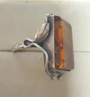 VINTAGE STERLING SILVER AMBER STATEMENT RING LEAF MOTIF sz 9.5