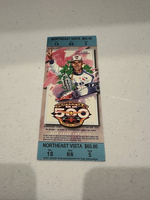 Indianapolis Indy 500 Ticket Stub Arie Luyendyk May 1998 With IMS Holder